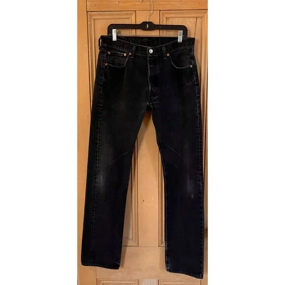 LEVI'S 501 Mens Vintage Button Fly Distressed Red Tab Jeans 33x34 Black AN EXC - Picture 4 of 12